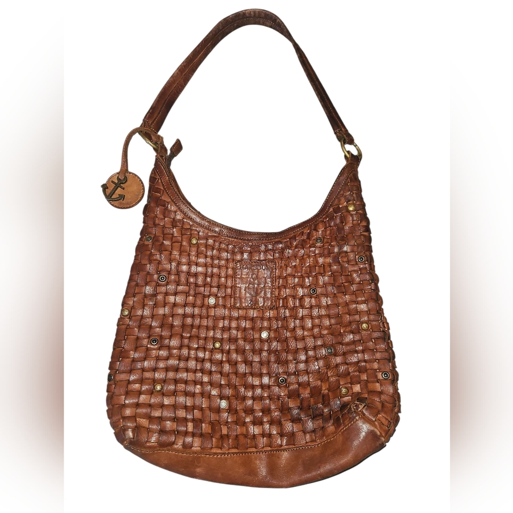 Harbour 2nd Woven Riveted Distressed Leather Crossbody Cognac Bag Tuula